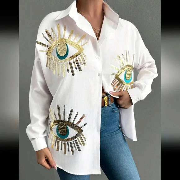 Oversized Delicate Embroidered Sequined Blue Eye Pattern Casual Long Sleeve Shir - Picture 5 of 5